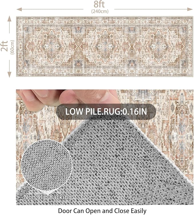Enkor Runner Rugs for Hallway, 2x8 Washable Soft Non Slip Floor Rugs for Kitchen, Modern Mat for Living Room Bedroom Entryway Beige & Brown