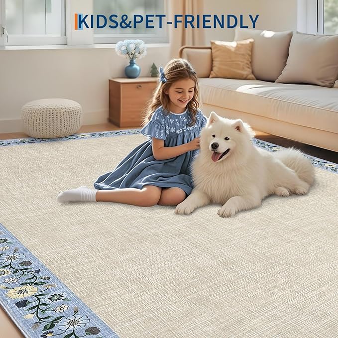GarveeHome Washable Rugs for Living ROM 8 x 10 Large Area Rug Farmhouse Floral Bordered Bedroom Carpet Indoor Non-Slip Nursery Mat Soft Non Shedding Stain Resistant Carpet for Dining Room, Beige