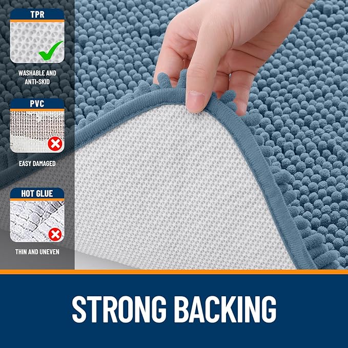 OLANLY Bathroom Rugs 47x20, Extra Soft Absorbent Chenille Bath Rugs, Rubber Backing Quick Dry, Machine Washable Bath Mats for Bathroom Floor, Tub and Shower, Home Decor Accessories, Airy Blue