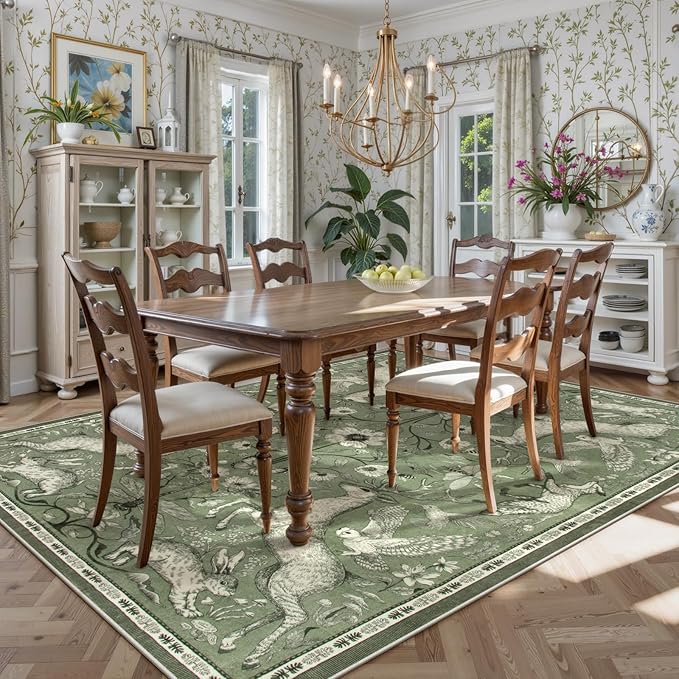 Lahome Boho Animal 6x9 Washable Living Room Area Rugs, Green Soft Rugs for Bedroom, Botanical Large Boho Non Slip Dining Room Carpet for Under Table Office Kids Playroom (6x9ft,Green)