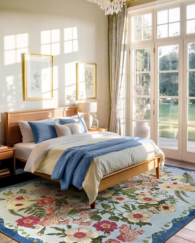 Floral Washable 5x7 Area Rugs - Living Room Rug Non Slip Low Pile Stain Resistant Carpets Indoor Vintage Flower Print Rug for Bedroom Dining Room Kitchen Home Office, Blue