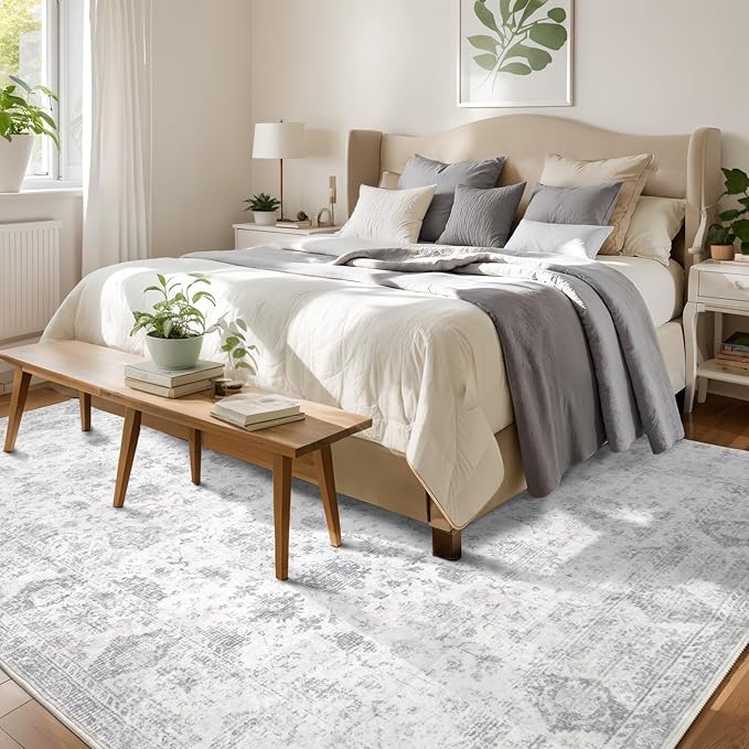 Washable 8×10 Area Rug for Living Room, Vintage Floral Rug Soft Non Slip Stain Resistant Boho Carpet for Bedroom Dinning Room Kitchen Home Office Grey