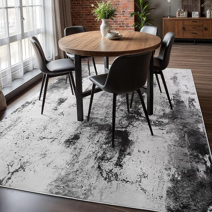 Washable Abstract Rug, 3x5 Modern Area Rugs with Non-Slip Rubber Backed for Bedroom, Thin but Soft Contemporary Carpet Kitchen Living Room Decor, Black Grey