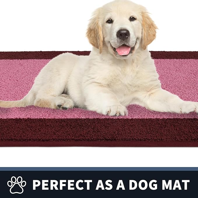 PURRUGS Dirt Trapping Door Mat 32" x 48", Non-Slip/Skid Machine Washable Entryway Rug, Shoes Scraper, Throw Rug, Super Absorbent Area Rug for Muddy Wet Shoes and Paws, Pink & Burgundy Red