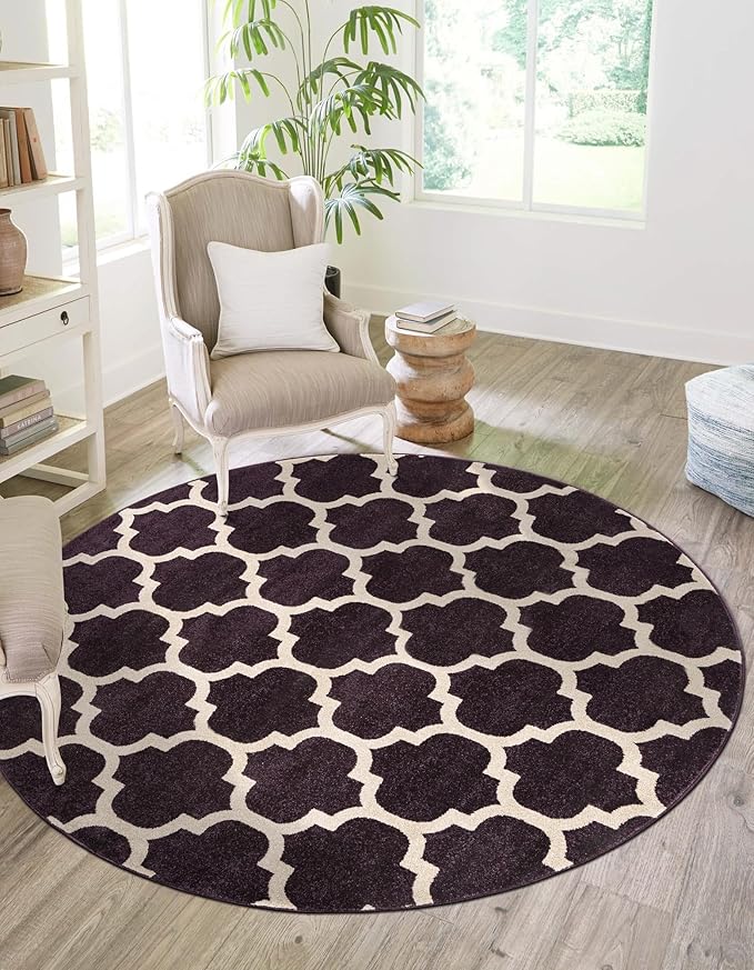 Rugs.com Lattice Collection Rug – 8 Ft Round Purple Medium-Pile Rug Perfect for Kitchens, Dining Rooms