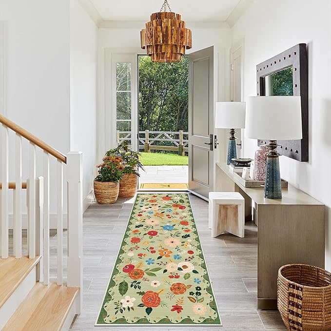 U'Artlines 2'x6' Boho Runner Rug for Hallways Kitchen Colorful Floral Soft Non Slip Washable Floor Carpet Runners for Entryway Laundry Room Bathroom Green