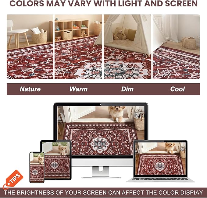 Luxury 8' x 10' Red Washable Area Rugs, Boho Low Pile Easy Clean Non-Slip Rug, Floral Medallion Pattern Vintage Rugs for Living Room, Dinning Room, Office, Bedroom, Bathroom, Laundry Room, Farmhouse