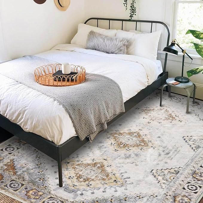 COMSLE Area Rug 4x6 Faux Wool Rugs for Kitchen, Boho Washable Throw Rugs Non-Slip Distressed Carpet Soft Accent Floor Rug for Bedroom, Living Room, Laundry Room (Khaki)