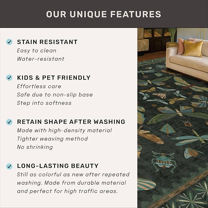 Washable Insect 2x8 Long Runner Rug for Hallway - Stain Resistant Kitchen Rug Non Slip, Indoor Floor Mats for Entryway with Nature Butterfly Design, Low Pile & Soft (Dark Green)