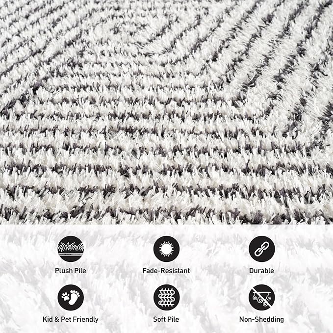 Rugshop Geometric Diamond Stripe Shag Area Rug White 5' x 7' Great for Bedrooms, Living Rooms, or Under Coffee Tables