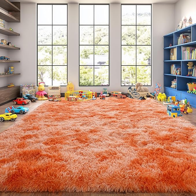 Extra Large Plush Rug High Pile Fluffy Rug for Living Room, Big Plush Non-Skid Shag Carpet, Soft Shaggy Rugs for Bedroom Indoor Modern Home Decor Tie Dye Orange 9x12ft