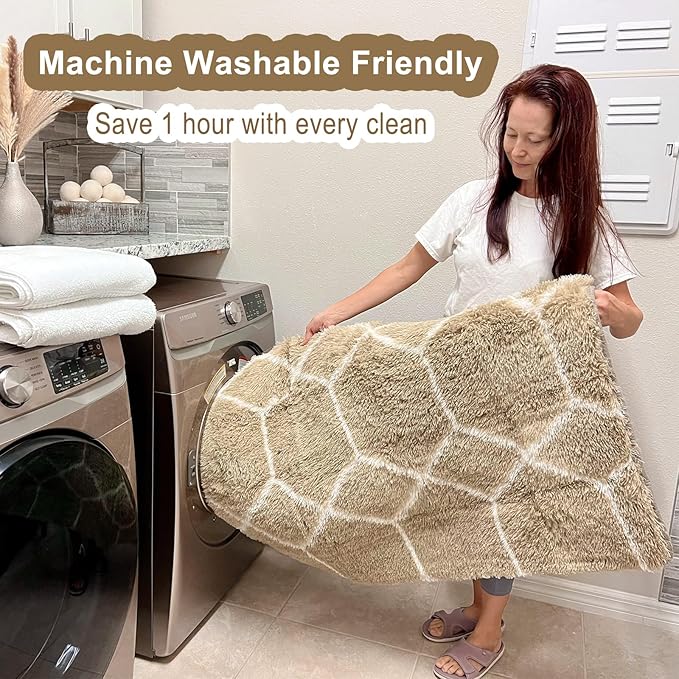 ONASAR Living Room Area Rug 6x9, Large Beige and White Geometric Floor Rugs for Bedroom Home Decor Aesthetic, Soft Fuzzy Shaggy Plush Fluffy Moroccan Carpet for Teen Nursery Dorm Classroom Office