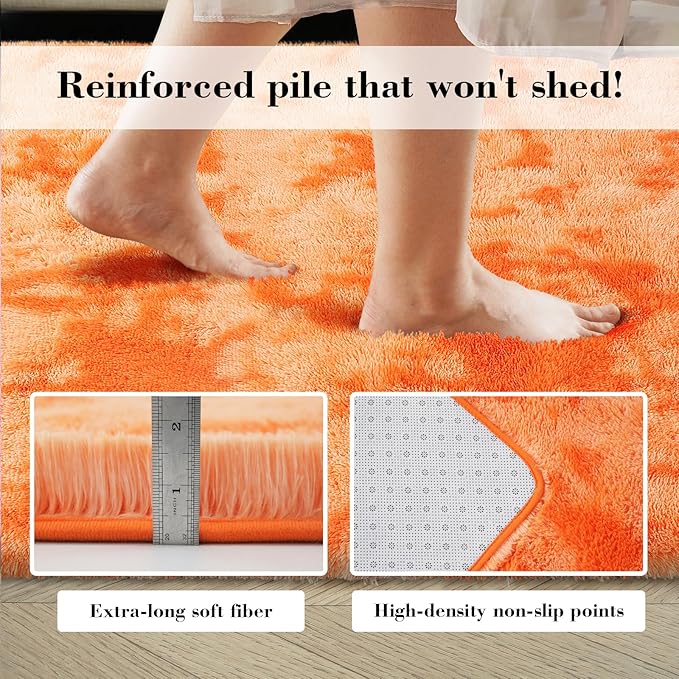 Mottling Orange Fluffy Rug Shaggy Area Rug, 9x12 Area Rugs for Girls Bedroom, Big Soft Shaggy Bedside Non-Slip Plush Dorm Nursery Kids Carpet Home Decor Aesthetic