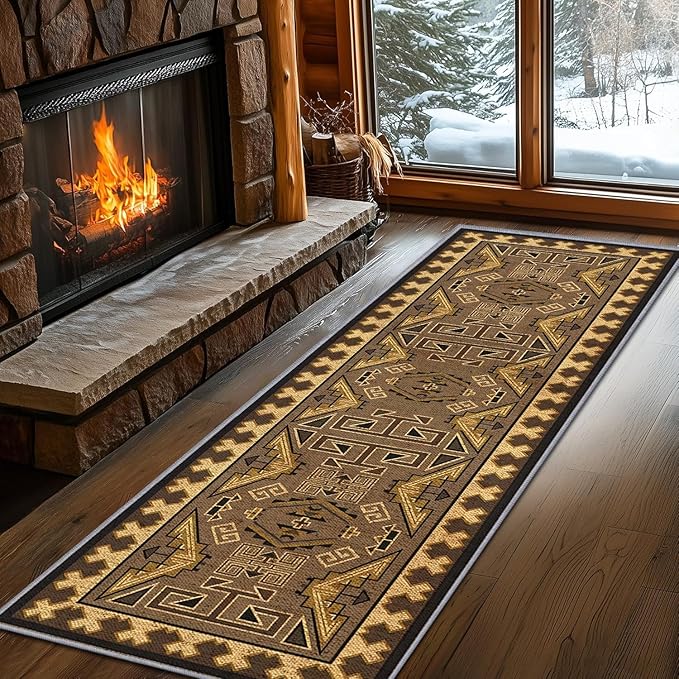 Brown Geometric Runner Rug, 4x12ft Hallway Runner Washable Rug, Corridor & Foyer High-Traffic Rugs, Indoor Durable Non-Slip Mat, Vintage Southwestern Decorative Home Carpet