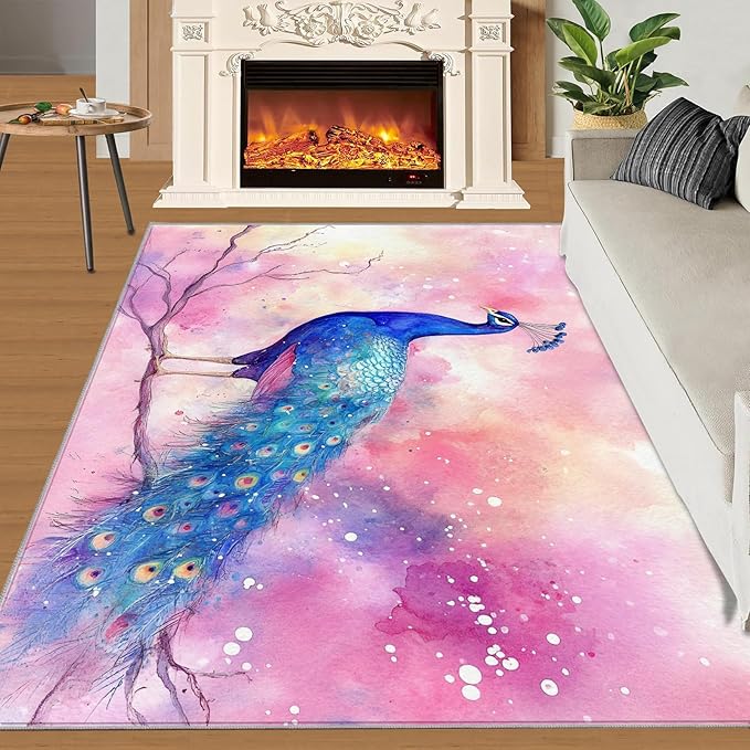 Peacock Rugs for Living Room - 5x6 Rug, Fantasy Peacock Area Rugs for Bedroom, Peafowl Rug, Girls Room Washable Carpet, Aesthetics Carpet - Peafowl Home Decor & Gifts