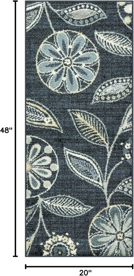 Maples Rugs Reggie Floral Runner Rug - Made in USA - Washable, Non Slip Indoor Carpet for Kitchen, Hallway, and Laundry Room, 4' x 1'8, Persian Blue