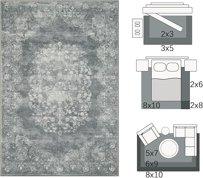 jinchan Vintage Floral 5x7 Area Rugs - Machine Washable Distressed Design Soft Ultra-Thin Low-Pile Non-Slip Carpet for Kitchen Bedroom Nursery Living Room Dining Room Home Office (5x7ft, Grey)