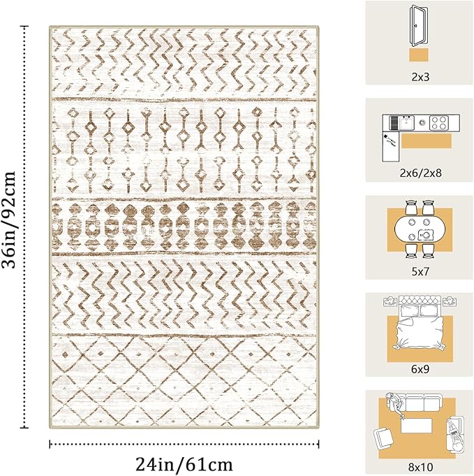 2x3 Machine Washable Area Rug for Entryway, Brown White Vintage Moroccan Rug Non-Slip Low Pile Soft Faux Wool Small Carpet, Kids and Pets Friendly for Bedroom Kitchen Hallway Home Decor Rug