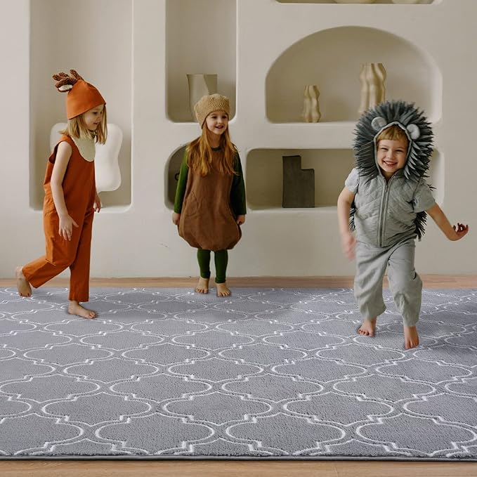 Amearea Fluffy Indoor Area Rug, Soft Trellis Moroccan Rugs for Bedroom, Shag Modern Area Rug for Living Room Kids Room Nursery, Easy Clean, Home Decor Low Pile Carpet, Light Gray 6x9 Feet