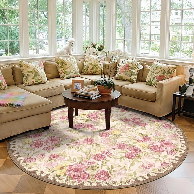 6ft Round Machine Washable Area Rug for Living Room, Pink Vintage Boho Floral Rug Large Non-Slip Low Pile Soft Faux Wool Carpet, Kids and Pets Friendly for Bedroom Nursery Farmhouse Home Decor Rug