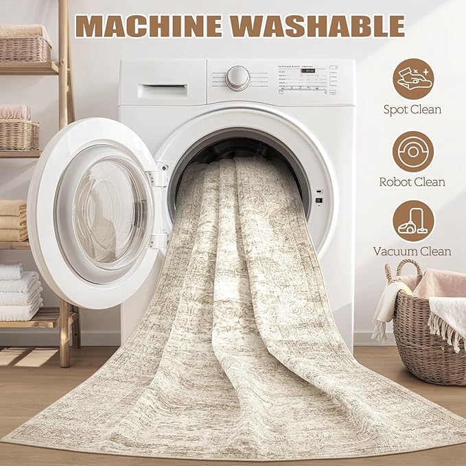 Area Rug Living Room Rugs - 4x6 Large Soft Indoor Neutral Modern Abstract Low Pile Washable Rug Carpet for Bedroom Dining Room Farmhouse Home Office - Vintage Beige
