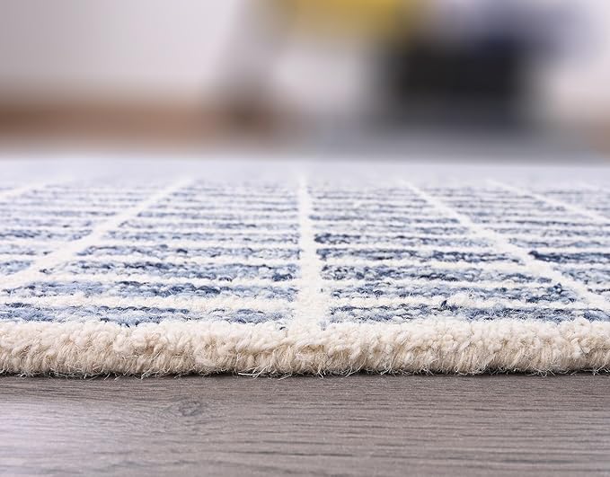 Hand-Tufted 100% Wool Area Rug – Unique Modern Geometric Grid Pattern, Soft Plush Textured Carpet for Living Room, Bedroom, Dining Room & Entryway (Denim Blue, 8' x 10')