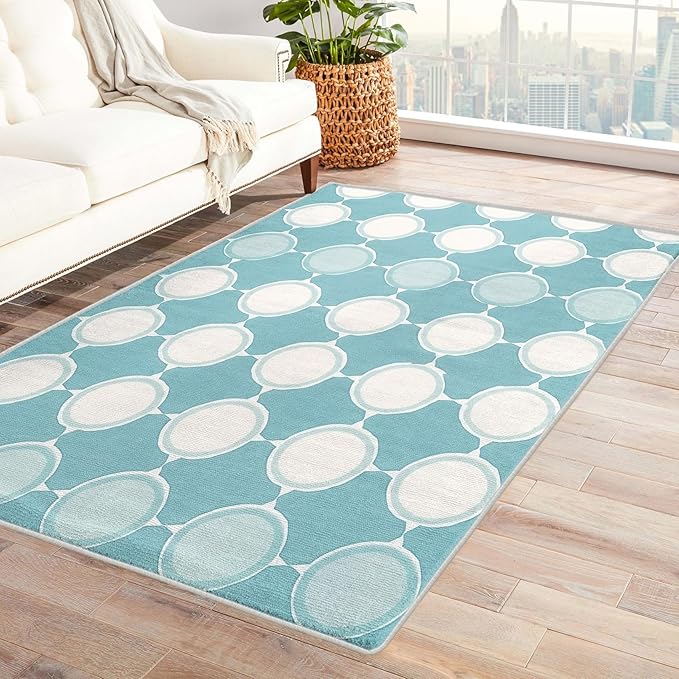 Aqua and White Rug, 2x3 Rug, Blue Rugs for Living Room Bedroom, Geometric Small Area Rug, Washable Rug Non Slip Soft Indoor Carpet, Kids and Pets Friendly, Aqua and White Home & Room Decor