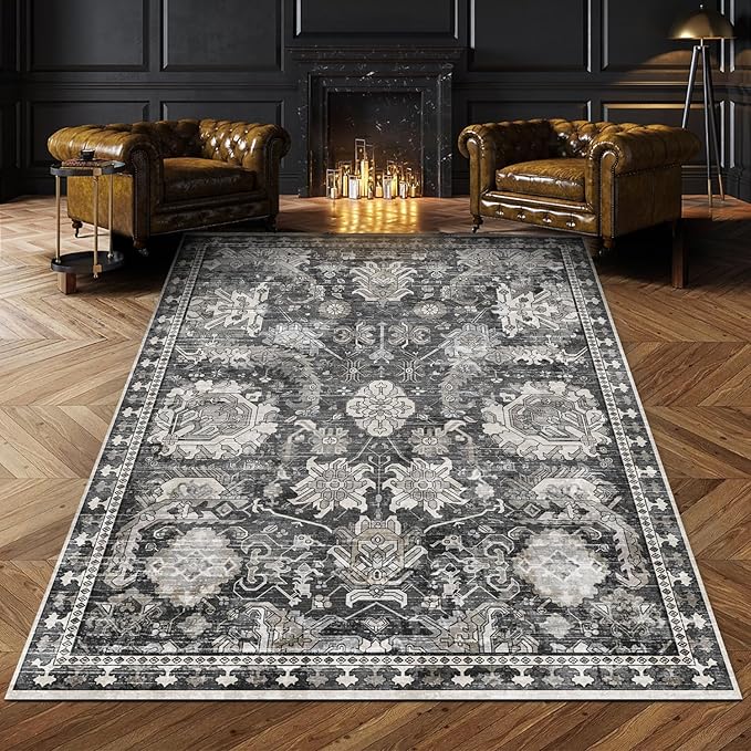 RUGSURE Washable Area Rugs - Perfect for Living Room, Bedroom, Kids Room, Nursery - Stain & Water Resistant Non-Slip, Pet & Child Friendly, Vintage Tribal Area Rugs (Grey, 6' x 9')
