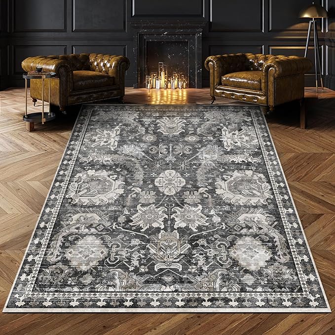 RUGSURE Washable Area Rugs - Perfect for Living Room, Bedroom, Kids Room, Nursery - Stain & Water Resistant Non-Slip, Pet & Child Friendly, Vintage Tribal Area Rugs (Grey, 4' x 6')