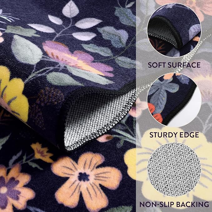 Lahome Floral Kitchen Runner, 2X6 Washable Runner Rug Non-Slip, Ultra-Thin Soft Hallway Rug Stain Resistant Boho Low-Pile Carpet for ‎Laundry Bathroom Bedroom(2x6ft,Purple)
