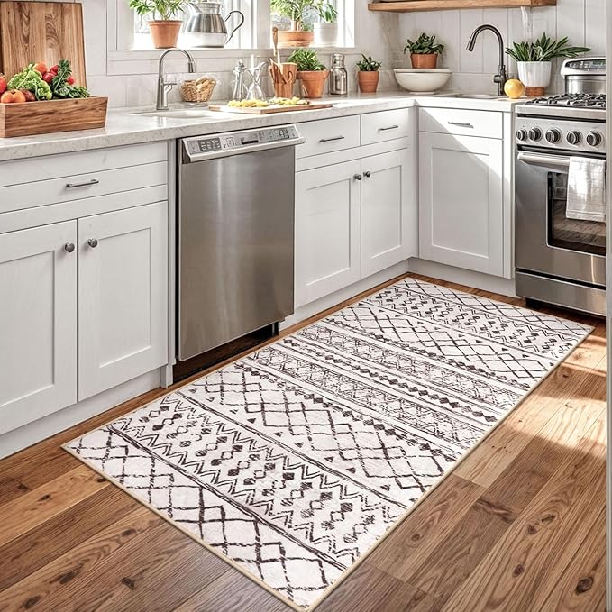 KUTA 3x5 Entryway Rug, Brown Non-Slip Washable Low-Pile Boho Moroccan Living Room Area Rug, Ultra Soft Distressed Geometric Print Throw Carpet for Entrance, Bedroom, Nursery, Dorm, Kitchen