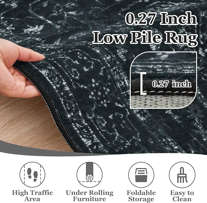 Black Vintage Distressed 8x10 Area Rugs for Living Room, Washable Non Slip Bedroom Rugs Under Bed Faux Wool Soft, Dark Medallion Pinted Thin Carpet for Dining Room Home Office