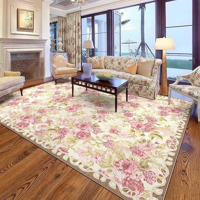 8x10 Machine Washable Area Rug for Living Room, Pink Vintage Boho Floral Rug Large Non-Slip Low Pile Soft Faux Wool Carpet, Kids and Pets Friendly for Bedroom Dining Room Farmhouse Home Decor Rug
