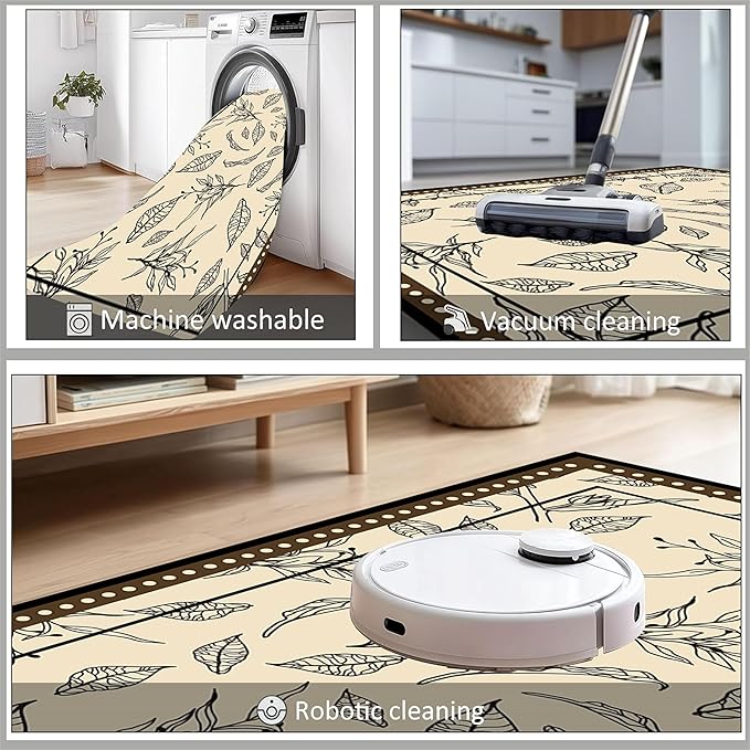 Medieval French Style Area Rugs 3x4ft, Off-White Botanical Leaf Pattern Rug, Low Pile Carpet, Washable & Non-Slip for Living Room, Bedroom, Dining Room, Dorm
