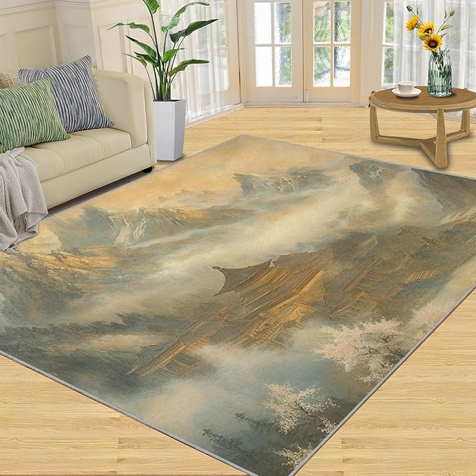 Misty Peaks Rugs for Bedroom - 4x6 Area Rug - Classic Fairy Palace Rugs for Living Room, Fairy Forest Rug, Washable Home Decor Carpet