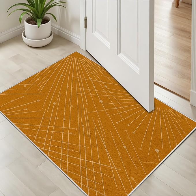 Modern Washable Area Rug 8x10, Boho Minimalist Non-Slip Rugs, Abstract Striped Soft Carpet for Living Room Bedroom Nursery Room Home Decor Office, Pet Friendly, Orange Beige