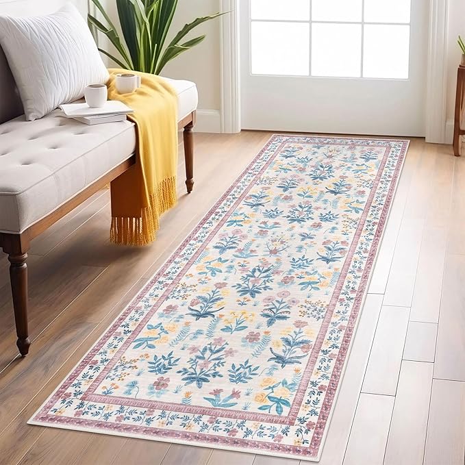 Boho Floral Machine Washable Runner Rug 2x6, Blush Pink Kitchen Runner Rug Non-Slip, Super Thin Hallway Rug Runner Printed Faux Wool Soft Carpet for Entryway Bedroom Laundry Indoor