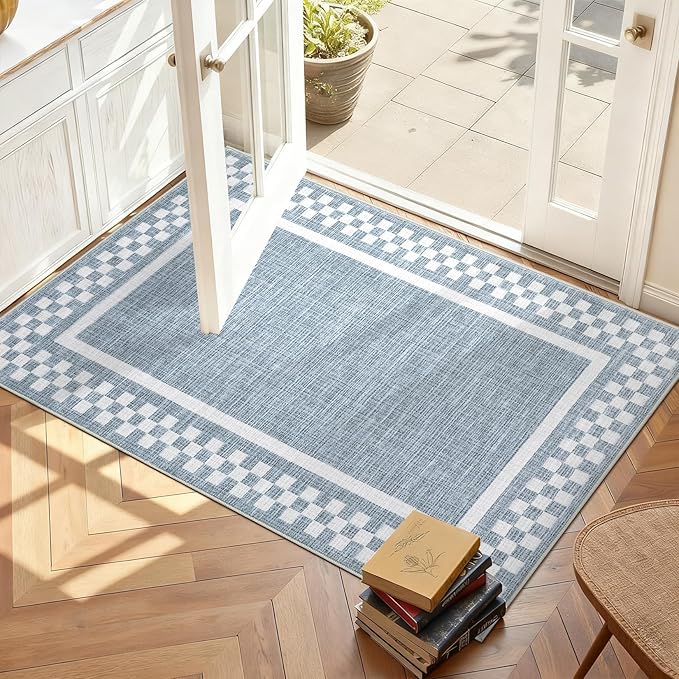 Small Area Rug 2x3 Modern Checkered Entry Rug Solid Color Scalloped Kitchen Rugs Washable Bedroom Doormat Non Slip Stain Resistant Bordered Throw Carpet for Living Room Nursery Laundry, Blue