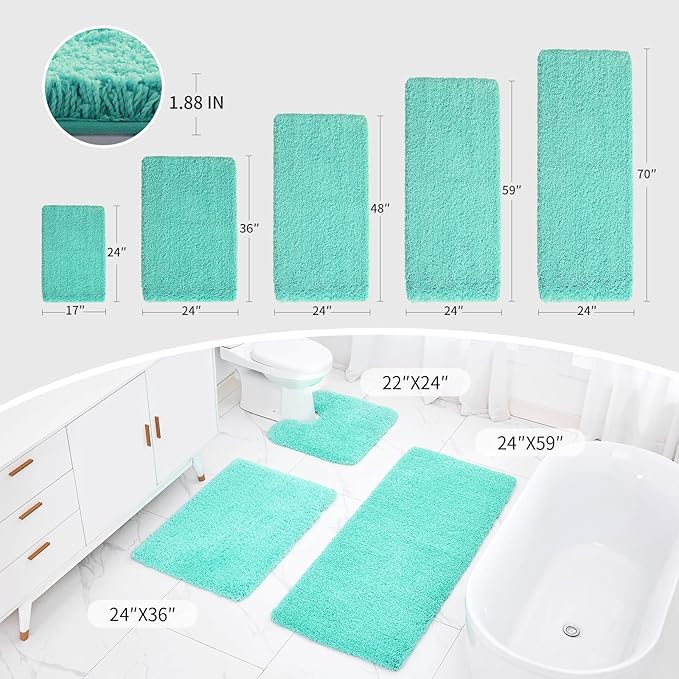 Bathroom Runner Rug 24x70 Spa Blue Non Slip Fluffy Long Bath Mat for Bathroom Floor Washable Plush Luxury Large Bath Rug for Tub Absorbent Runner Rug for Bedside