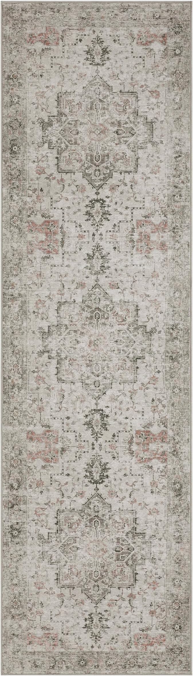 GENIMO Runner Rug 2'6"x7 Machine Washable Non Slip Vintage Hallway Runner Rug, Low Pile Lightweight Rugs for Indoor Entryway, Hallway, Kitchen and Corridor, Light Taupe Brown