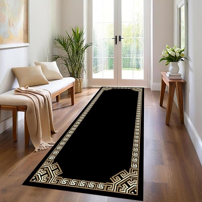 Greek Key Runner Rugs, 2x8ft, Vintage Traditional Tribal Black and Gold Color Stain Resistant Long Rug Runners, Entryways Non Slip Washable Sturdy Room Decor Mat for Kitchen Bedroom
