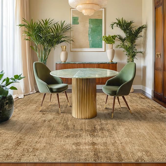 Large Entryway Rug Washable - 5x8 Brown and Mustard Yellow Rug for Mudroom, Foyer, Hall, Living Room, Washable Low Pile Stain Resistent