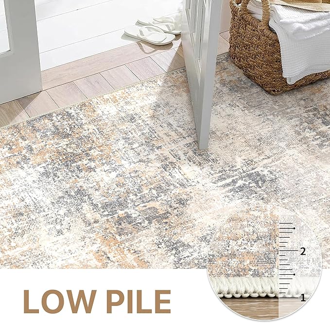 Bavni 6x9 Area Rugs Machine Washable Rug for Living Room, Modern Printed Rug Indoor Soft Area Rug for Bedroom Dining Room, Ultra-Thin Low Pile Carpet with Non Slip Rubber Backing, Beige Gray