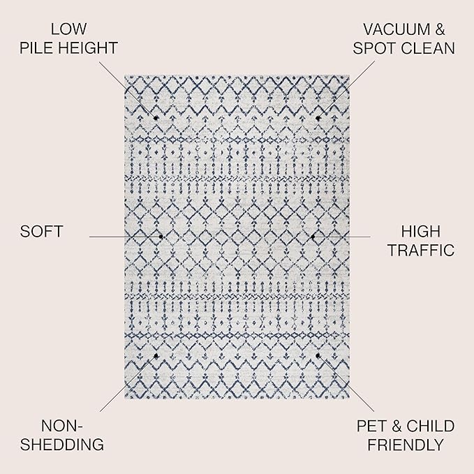 JONATHAN Y Boho Vintage Diamond Cream/Navy Indoor Area Rug 8X10 ft, Moroccan Hype for Living Room, Bedroom, Kitchen, Office, Easy-Cleaning, High Traffic, Pet-Friendly, Non-Shedding (MOH101F-8)