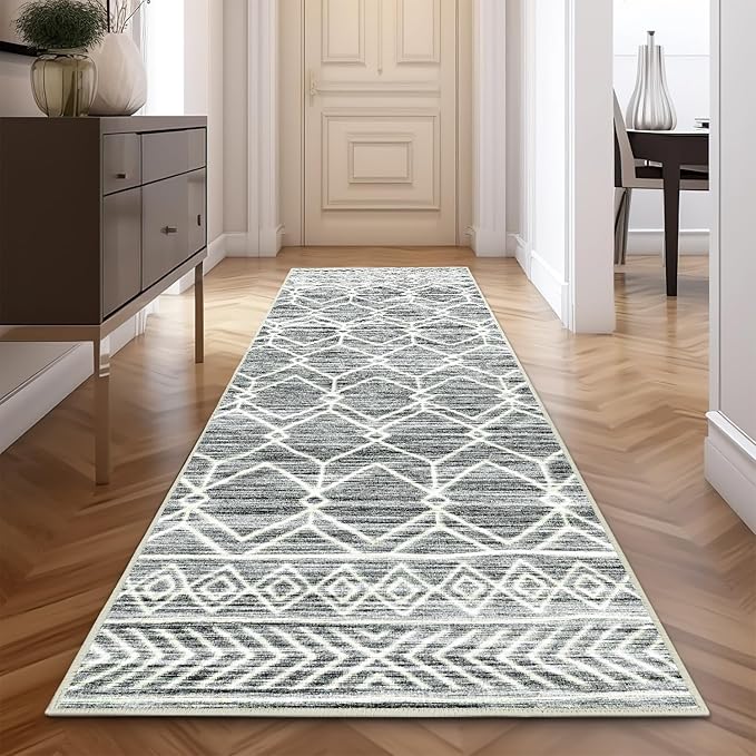 jinchan Hallway Runner Rug 2x10 - Moroccan Kitchen Machine Washable Runner Rug Modern Geometric Ultra-Thin Low-Pile Non-Slip Carpet for Laundry Room Bedroom Farmhouse (2x10ft, Grey)