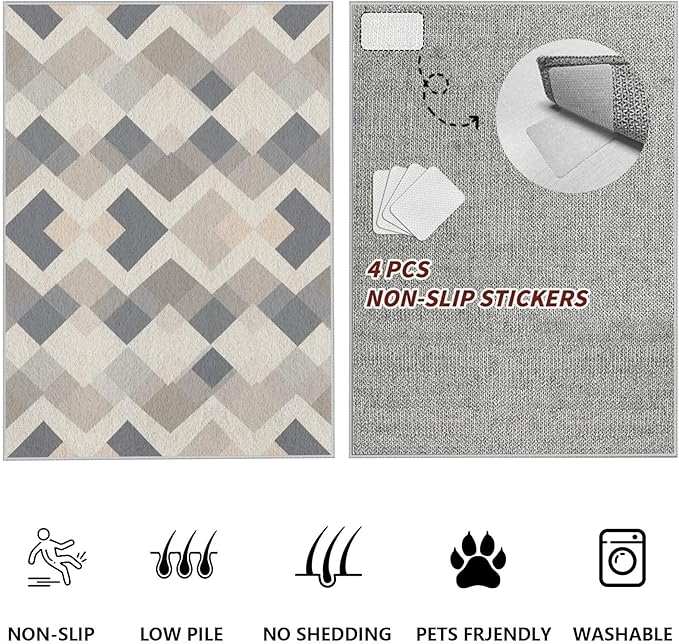 Modern Area Rug Living Room Rugs 8x10, Minimalist Soft Boho Geometric Rug, Non-Slip Washable Low Pile Non Shedding Carpet for Bedroom Office Dining Room Kitchen Nursery, Gray Beige White
