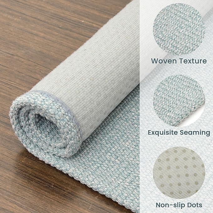 EARTHALL Washable Area Rug 3x5 Ft Non Slip Rugs for Entryway, Non Slip Braided Throw Rugs Door Mat Indoor Outdoor Entrance, Cotton Woven Carpet for Kitchen Foyer Front Door, Turquoise/Gray
