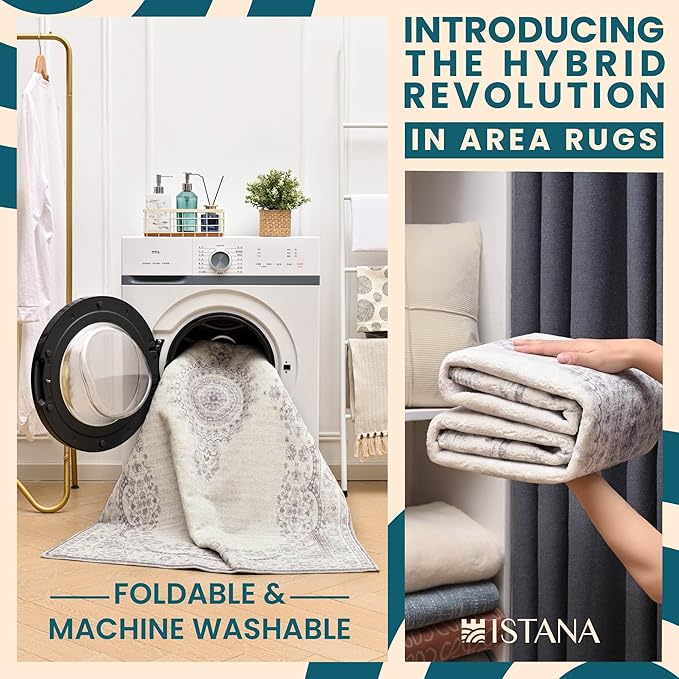Istana Small Rug 2x3 - Grey/White Cream Rugs for Living Room - Foldable 2x3 Washable Rug Non Slip - Non-Shedding Area Rug Living Room - Anti-Slip Oriental Rugs w/Soft Microfiber