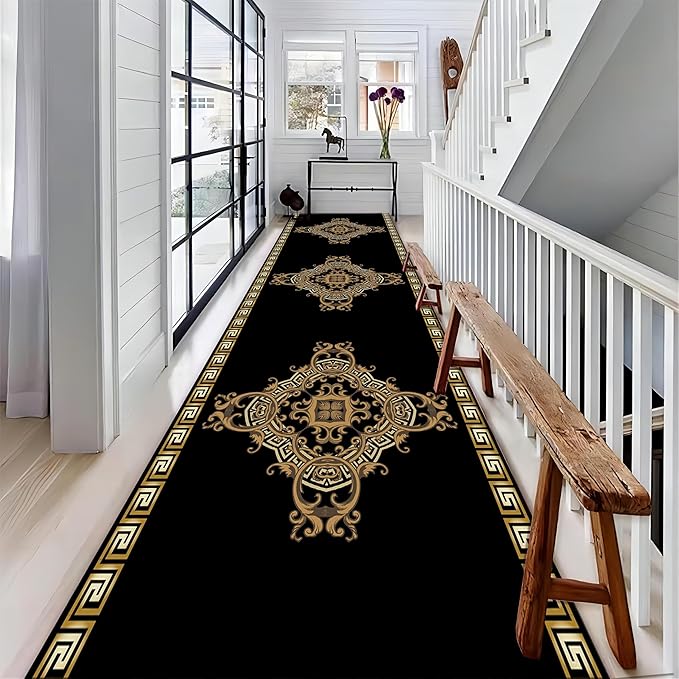 Vintage Baroque Art Long Hallway Rugs Runners, 4x10ft, Luxury European Geometric Living Room Rug, Gold Greek Meandering Soft Washable Mats, Shed Resistant Pet Friendly Carpet for Indoor