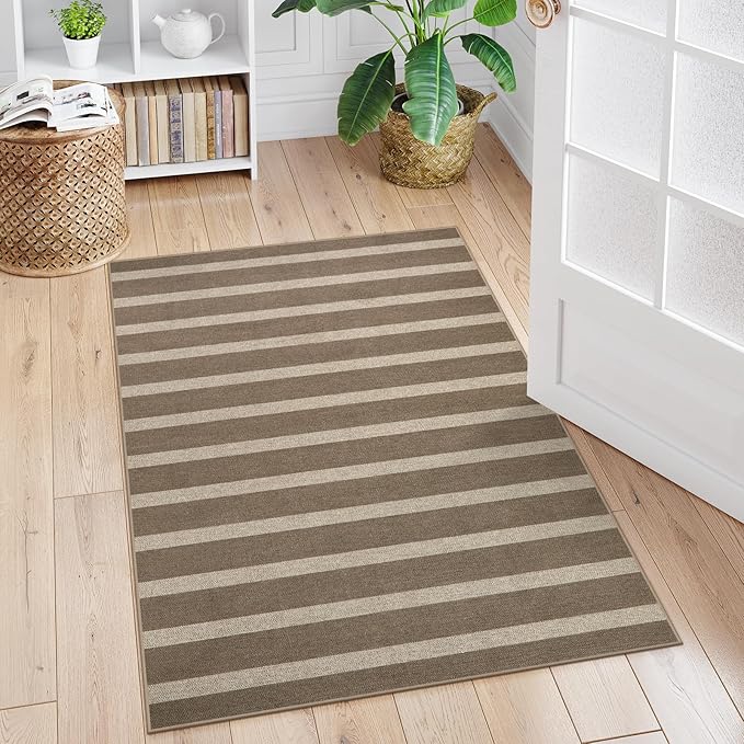 Lahome Striped Easy Jute Rug, 3x5 Outdoor Patio Porch Rug Washable Rugs for Entryway, Indoor Outdoor Living Room Carpets, Farmhouse Neutral Non Slip Carpet for Backyard Bedroom RV, Khaki